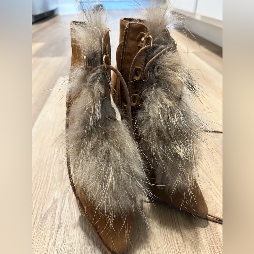 Lillian brown high heeled boots with fur. Never worn